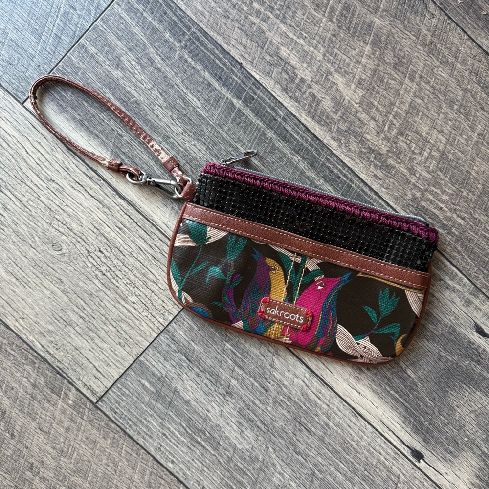 Sakroots Floral Wristlet Clutch Black Brown Purple Pink Peace Bird Print
